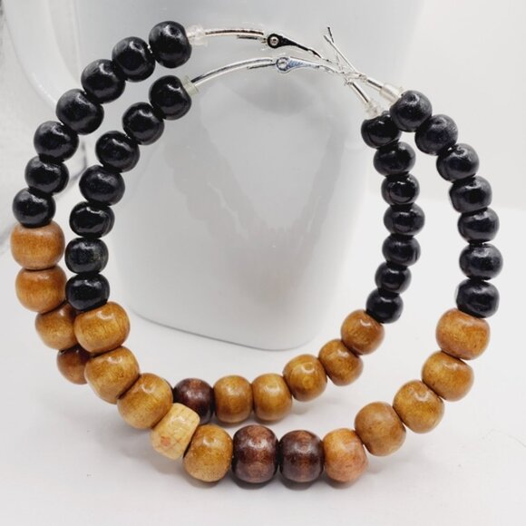 Handmade Jewelry - Wooden hoop earrings, wooden beaded hoop earrings, large hoops.  3.0 inc…